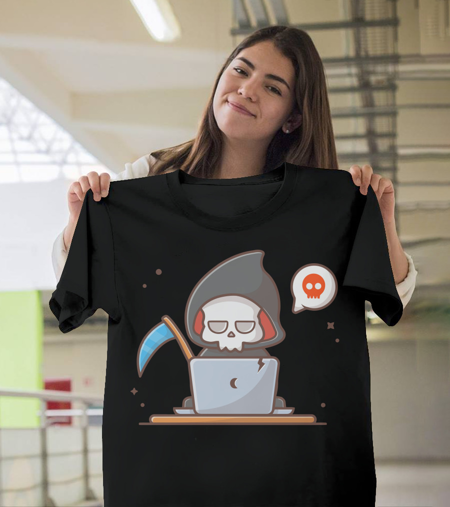 Grim Reaper Laptop Cartoon with Scythe and Skull Emoji T-Shirt