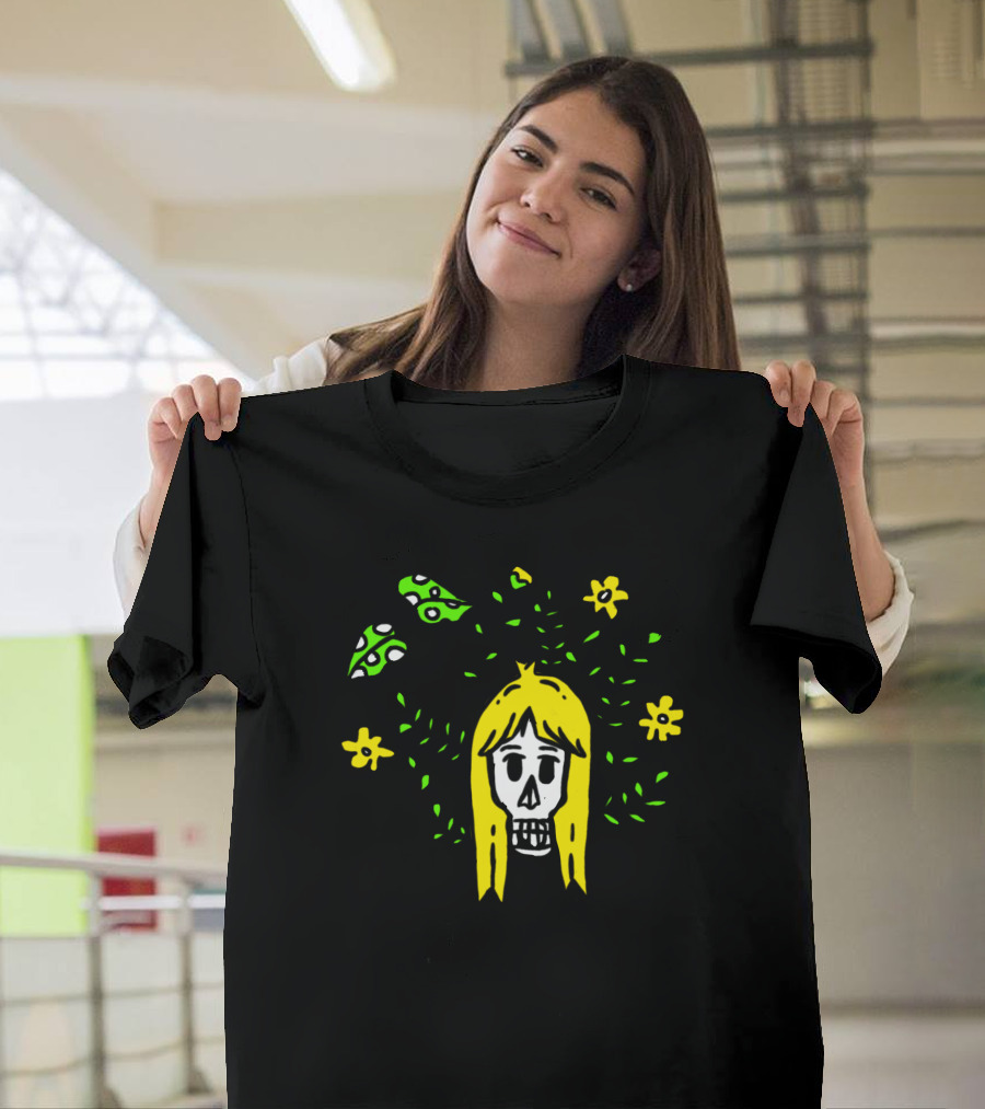 Grow Up Skull with Blonde Hair Surrounded by Green Leaves and Yellow Flowers T-Shirt