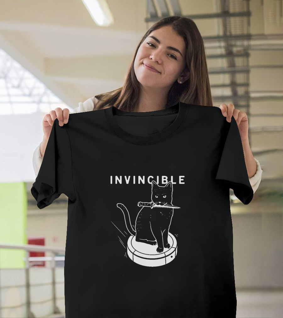 Invincible Cat Balancing on Roomba with Knife in Mouth T-Shirt