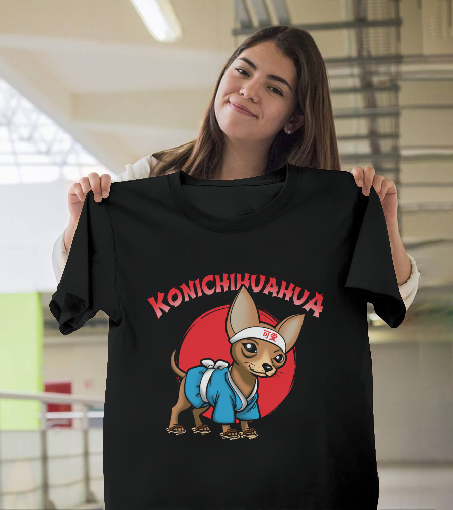 Konichihuahua Cute Chihuahua in Kimono with Red Sun and Japanese Text T-Shirt
