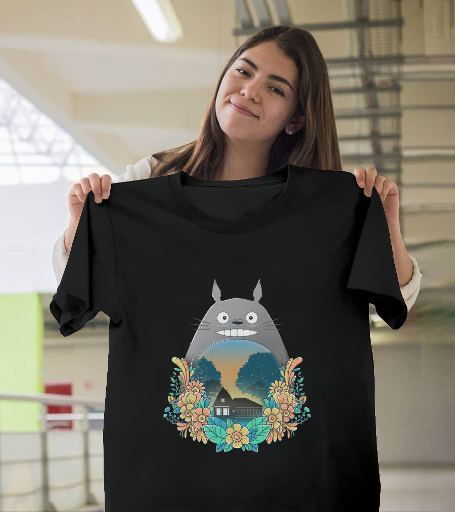 My Haunted House Totoro Floral Night Scene T-Shirt