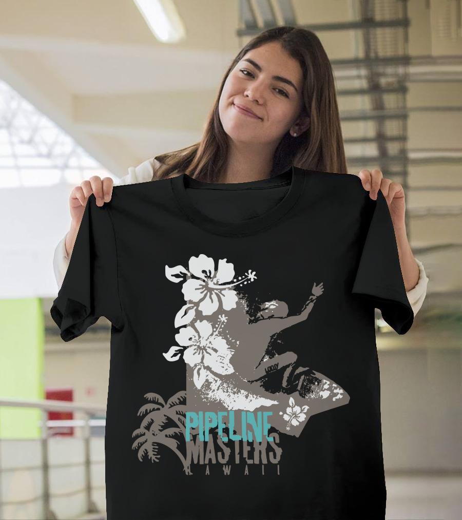 Pipeline Masters Hawaii Surfing with Hibiscus and Palm Trees T-Shirt