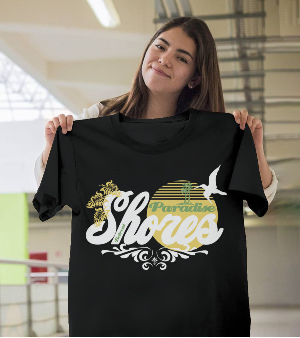 Tropical Shores Paradise Retro Sunset Seagull Palm Floral Motif T-Shirt