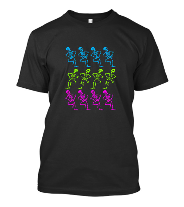 Skeletal Dance Vibrant Neon Skeletons In Blue Green And Pink T-Shirt