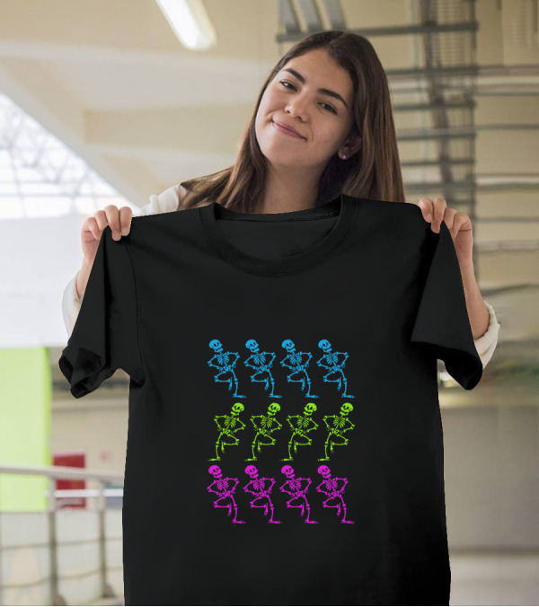 Skeletal Dance Vibrant Neon Skeletons In Blue Green And Pink T-Shirt