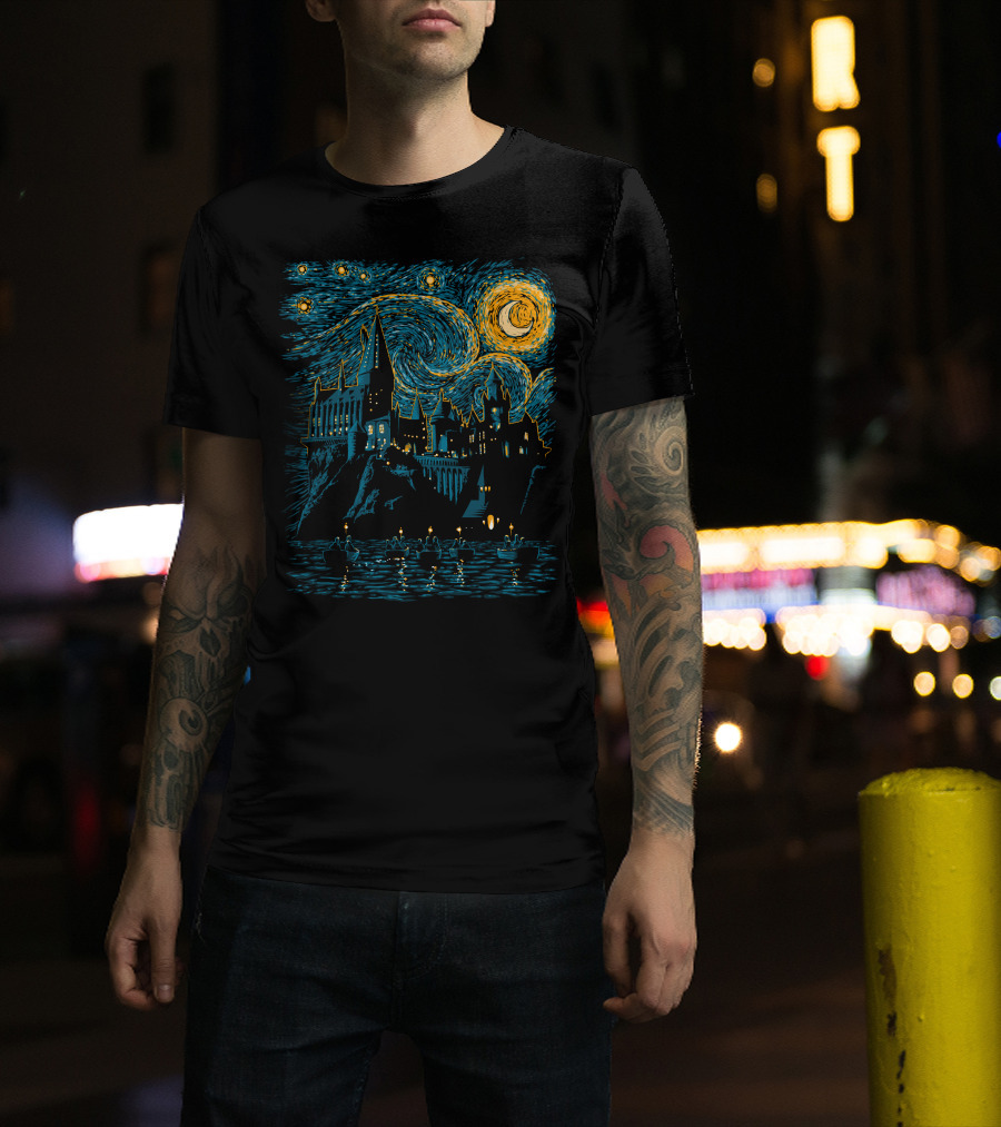 Starry Night Wizard School Scene T-Shirt