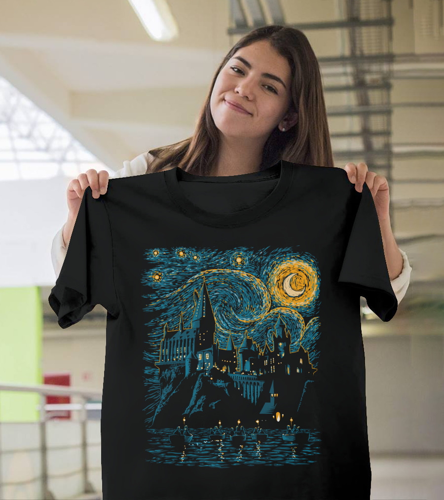 Starry Night Wizard School Scene T-Shirt
