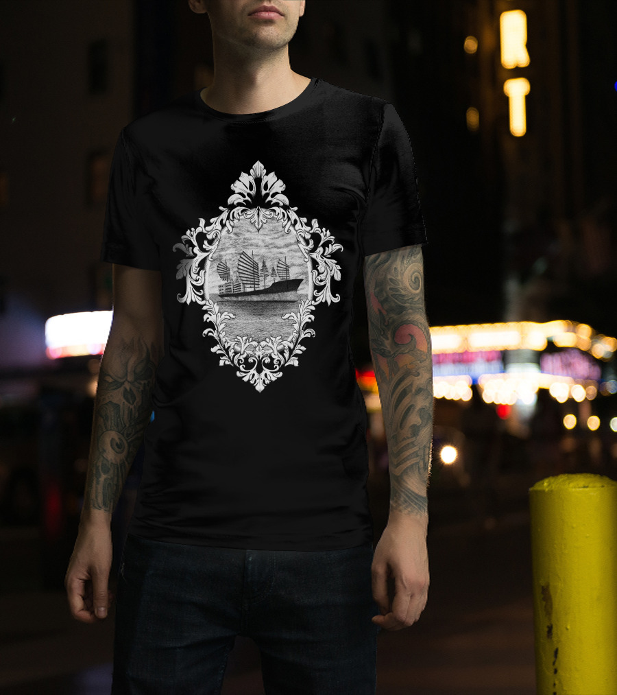 Surrealist Boat Sailing With Ornate Frame T-Shirt