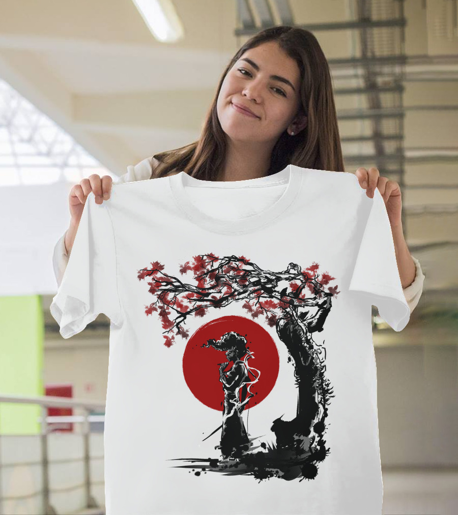 Afro Samurai Under Red Sun and Sakura Tree Shadows T-Shirt