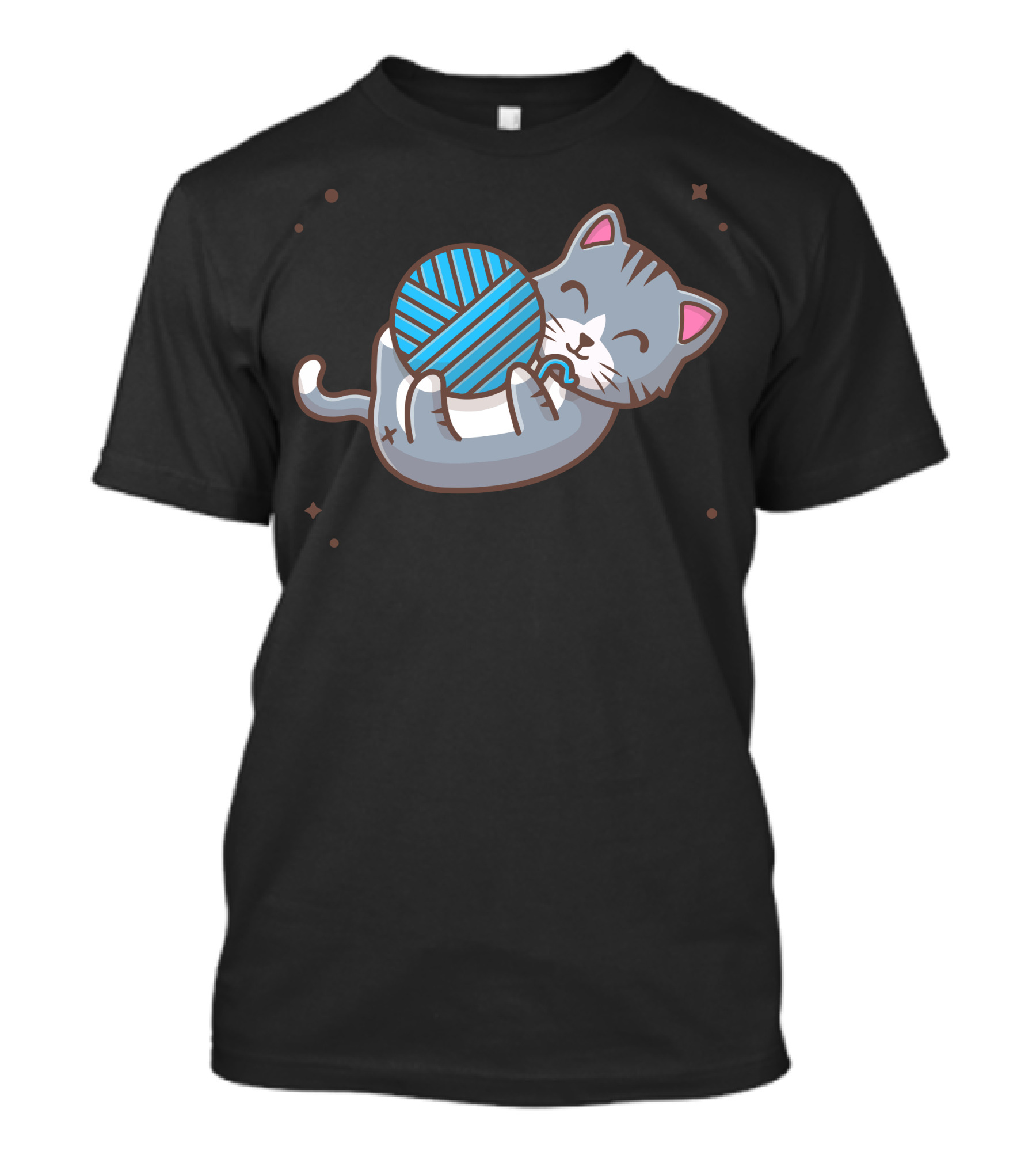 Cat Cuddling Blue Wool Ball With Stars T-Shirt