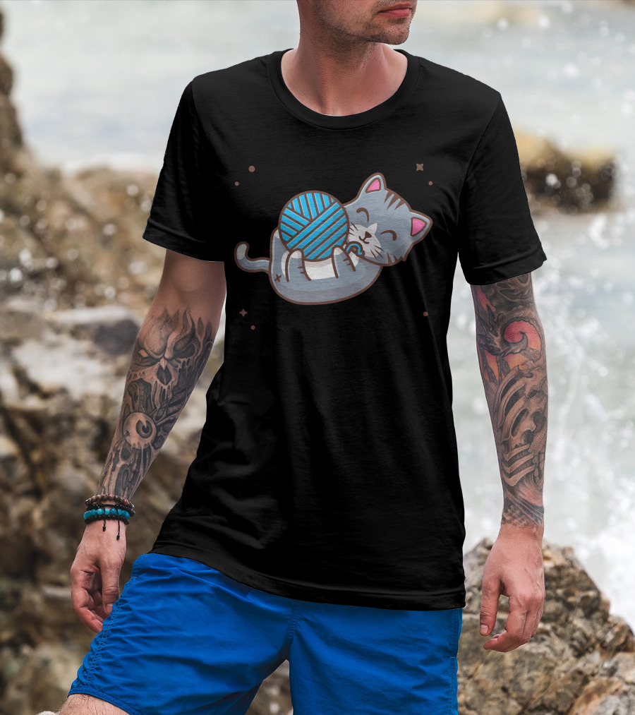 Cat Cuddling Blue Wool Ball With Stars T-Shirt