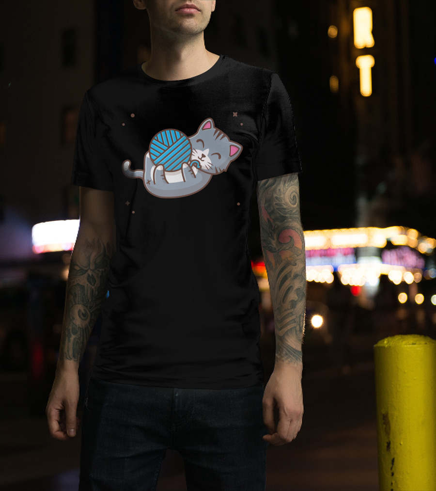 Cat Cuddling Blue Wool Ball With Stars T-Shirt