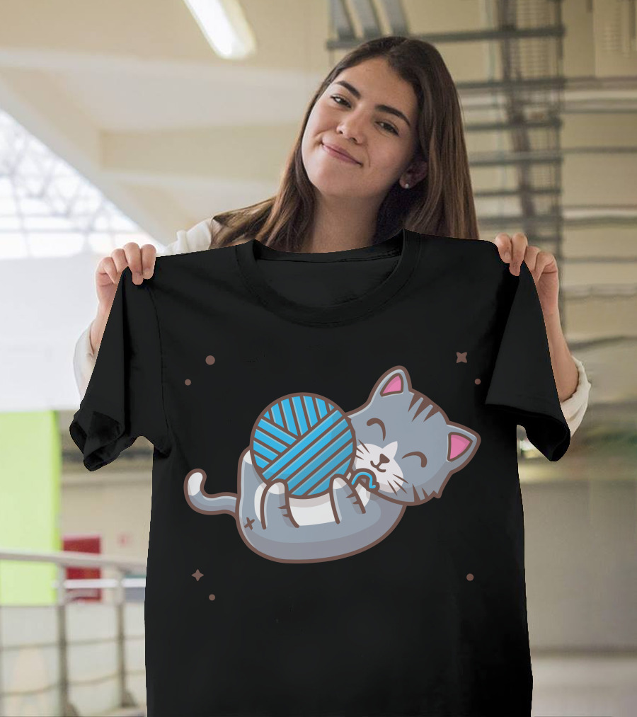 Cat Cuddling Blue Wool Ball With Stars T-Shirt
