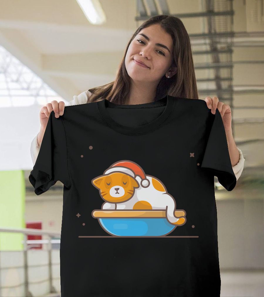 Cat Sleeping with Santa Hat in Winter Season T-Shirt