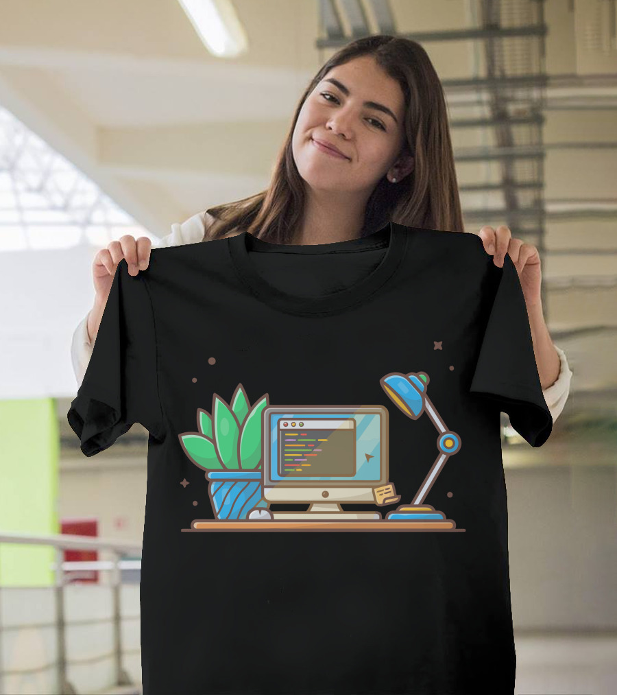 Computer Screen With Code Plant Lamp and Mouse T-Shirt
