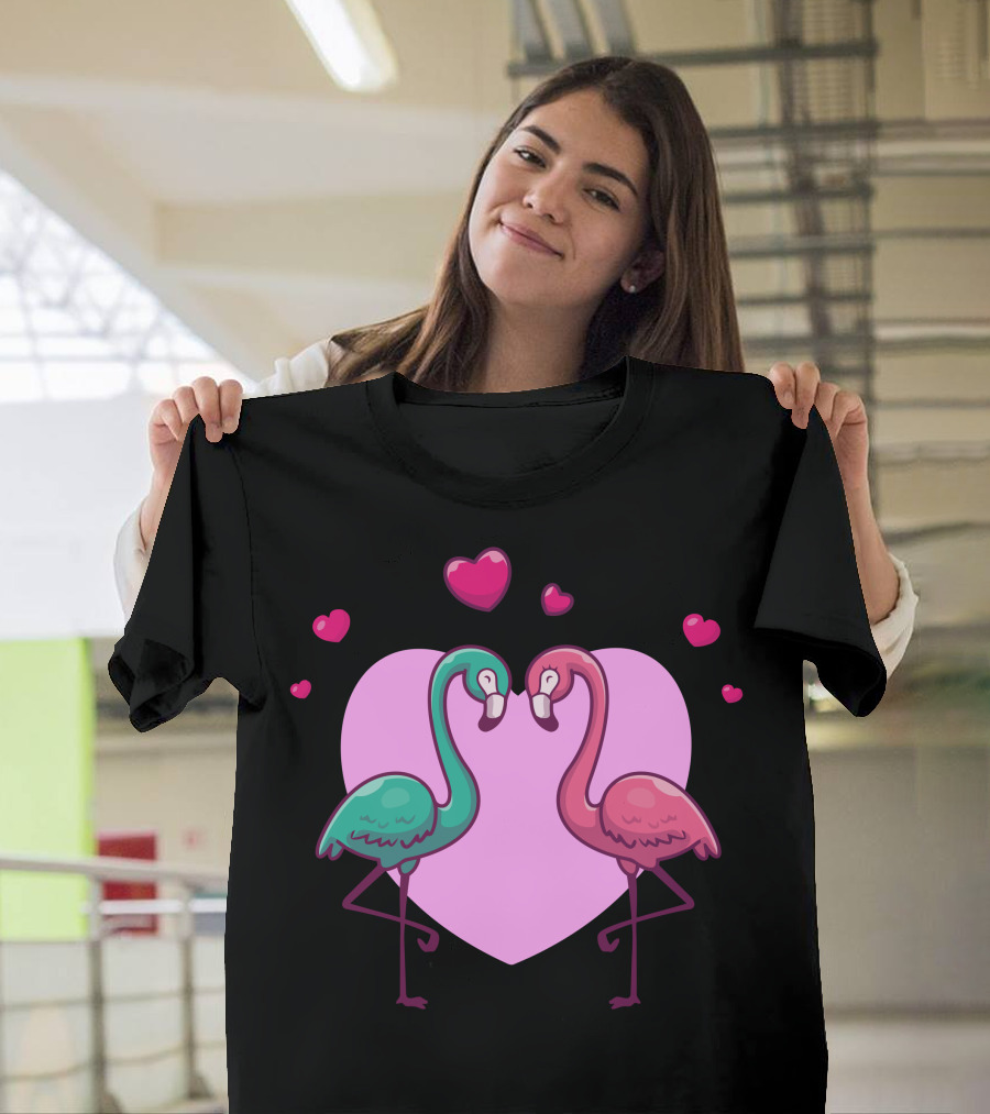 Couple of Flamingo Fall in Love Hearts and Pink Heart Background T-Shirt