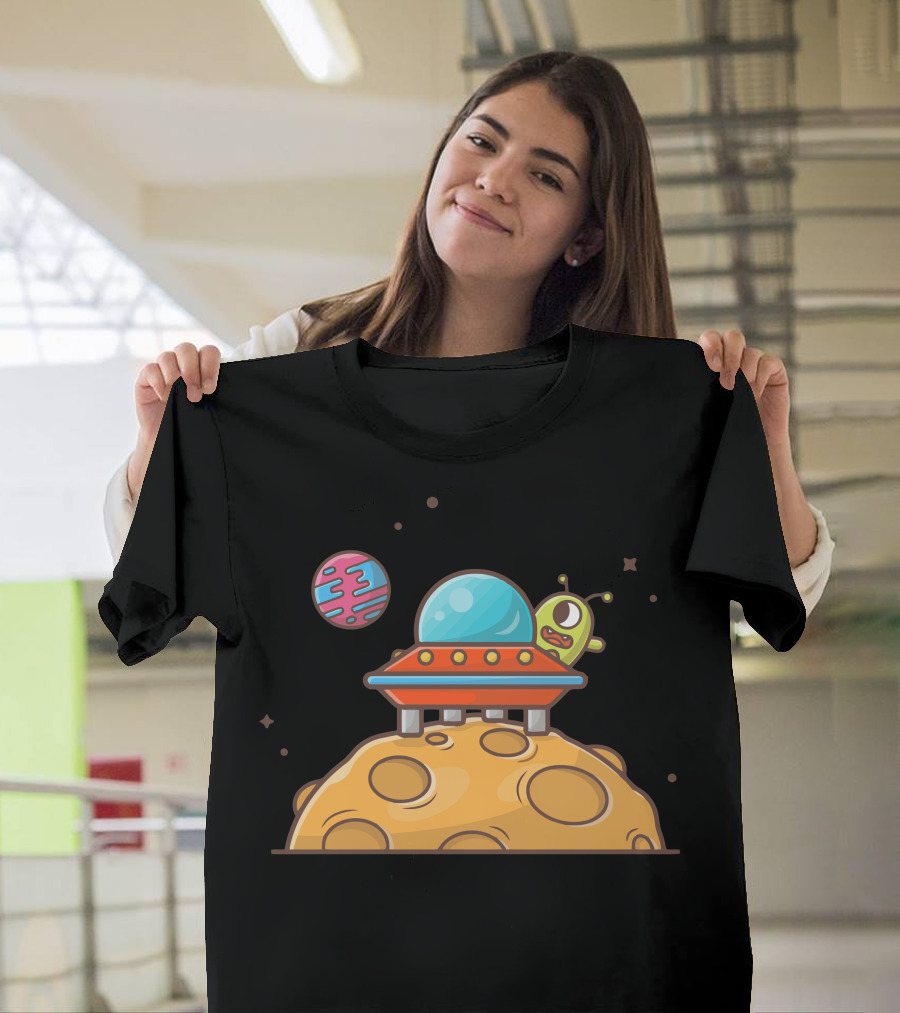 Cute Alien Spaceship on Planet with Colorful Orbiting Planet T-Shirt