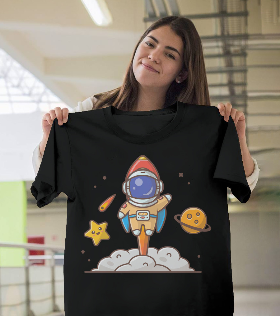 Cute Astronaut Flying With Rocket Planet Star and Comet T-Shirt