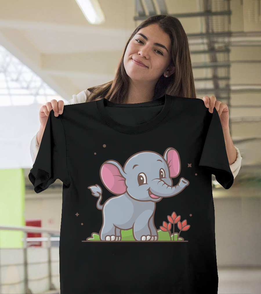 Cute Baby Elephant with Pink Ears and Flowers T-Shirt
