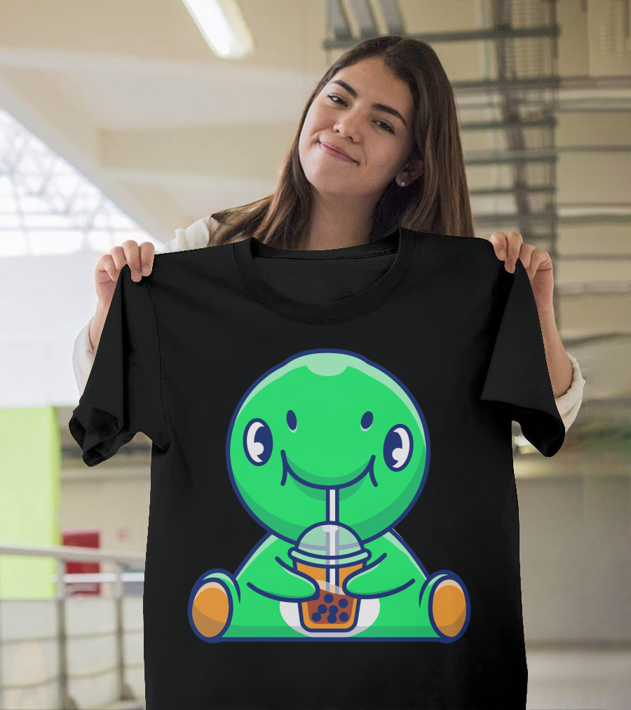 Cute Green Dinosaur Enjoying Boba Tea With Straw T-Shirt