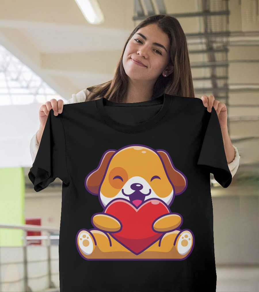 Cute Puppy Embracing Heart with Joyful Expression T-Shirt