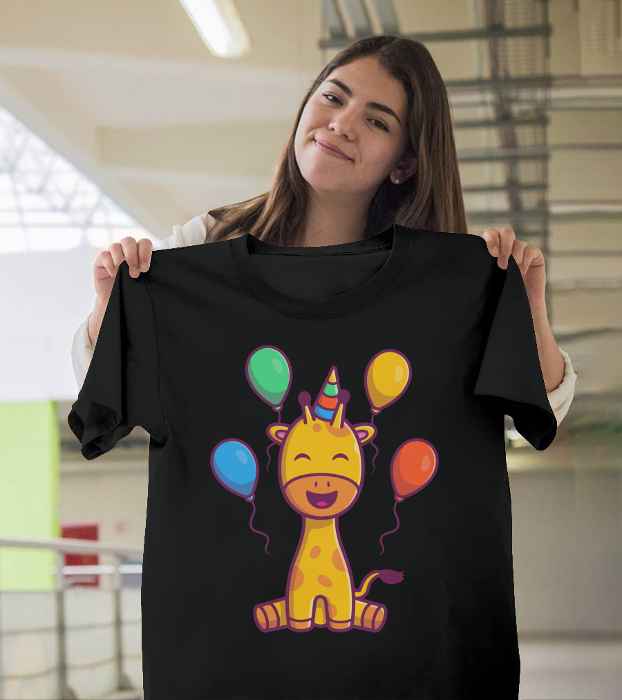 Cute Giraffe Birthday Party with Colorful Balloons and Party Hat T-Shirt