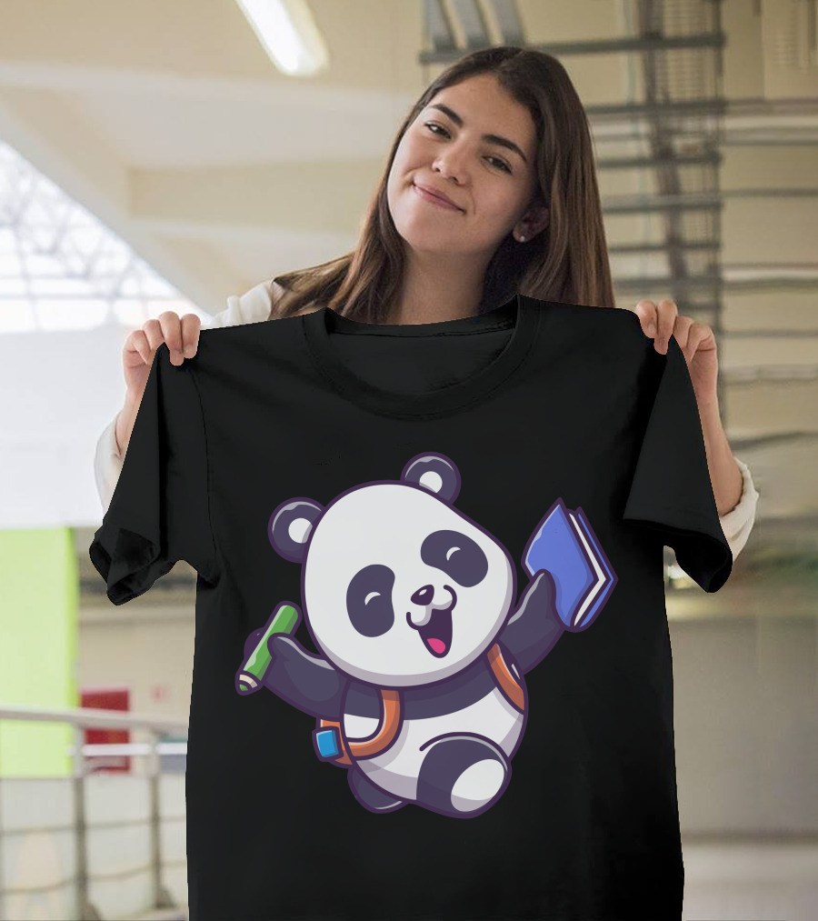 Panda Studying with Green Pencil and Blue Book T-Shirt