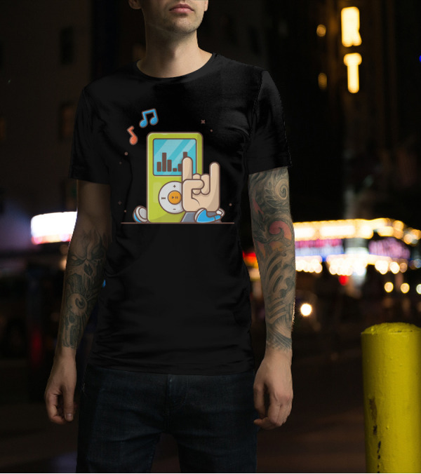 Digital Audio Music Player Hand Rock Gesture With Music Notes And Headphones T-Shirt