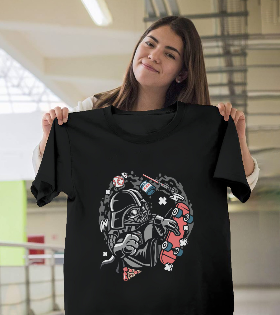 Darth Vader Skateboarding with Lightsaber and Pizza Elements T-Shirt