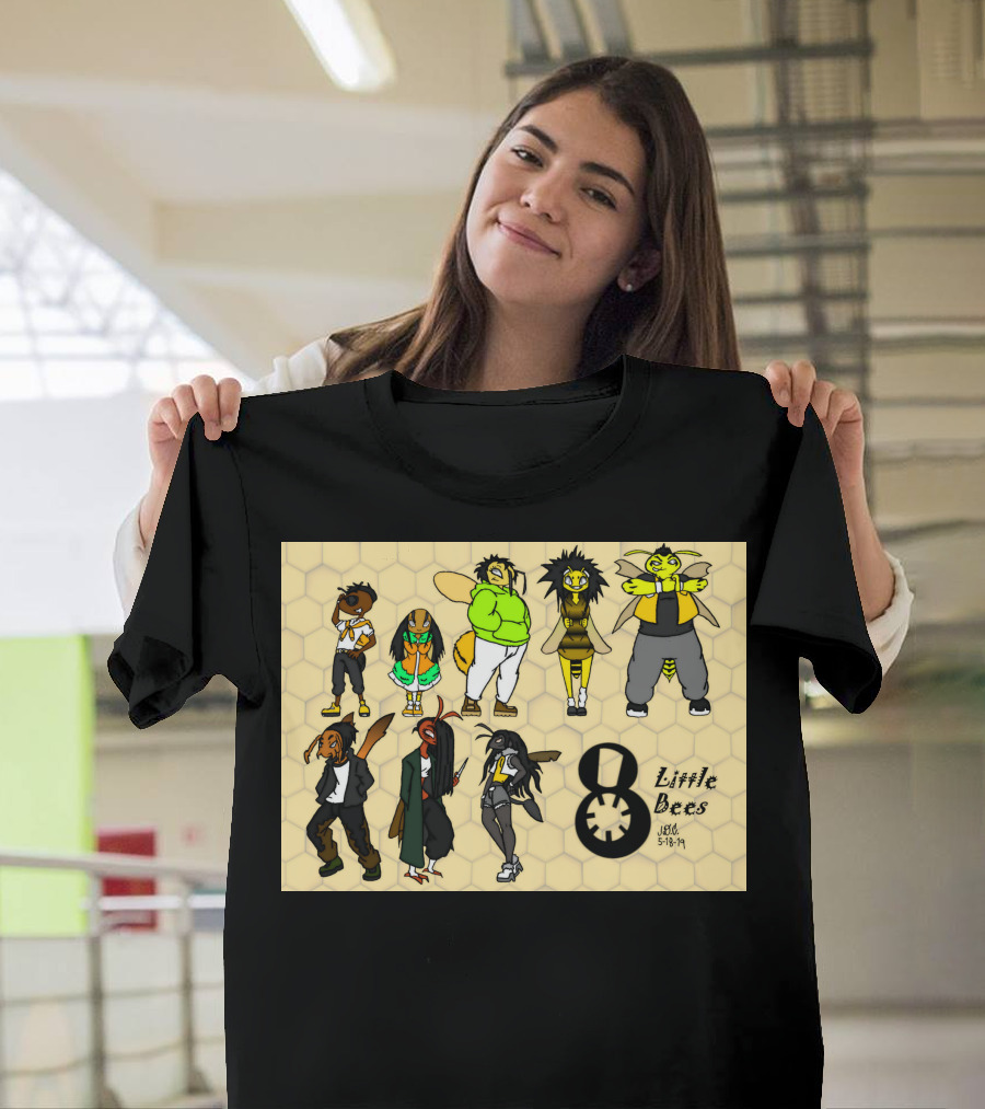 8 Little Bees Urban Style Characters Honeycomb Background T-Shirt