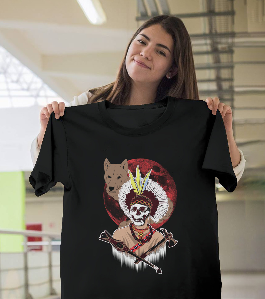 Apache Warrior Skull with Wolf and Red Moon T-Shirt