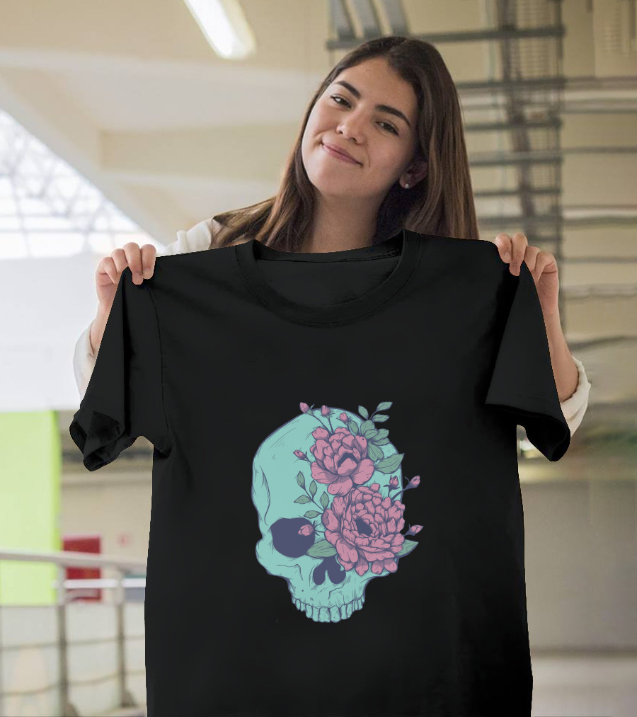 Blue Skull with Pink Flowers and Green Leaves T-Shirt