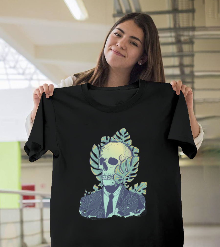 Botanical Man Skull in Suit with Tropical Leaves T-Shirt
