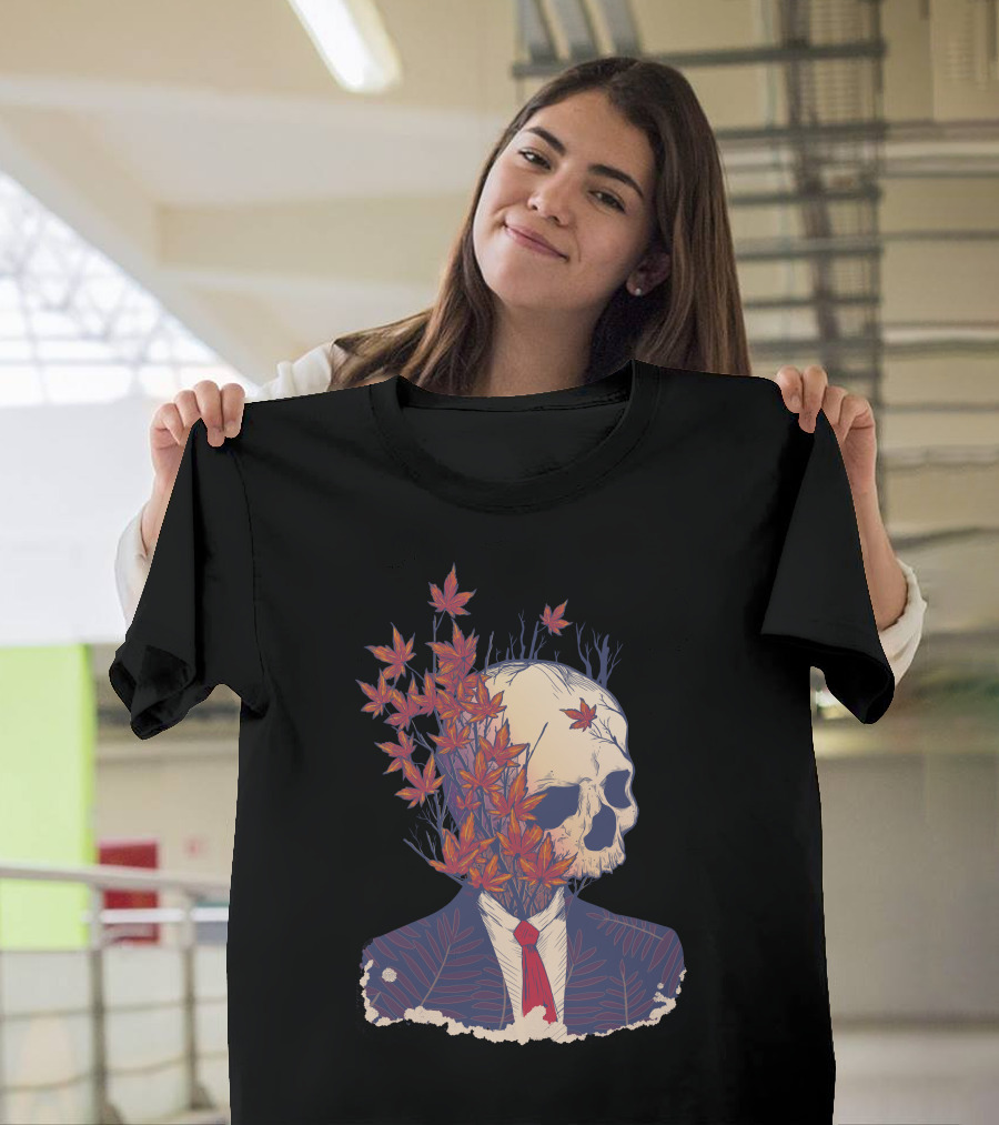 Fall Guy Skeleton in Suit with Autumn Leaves T-Shirt