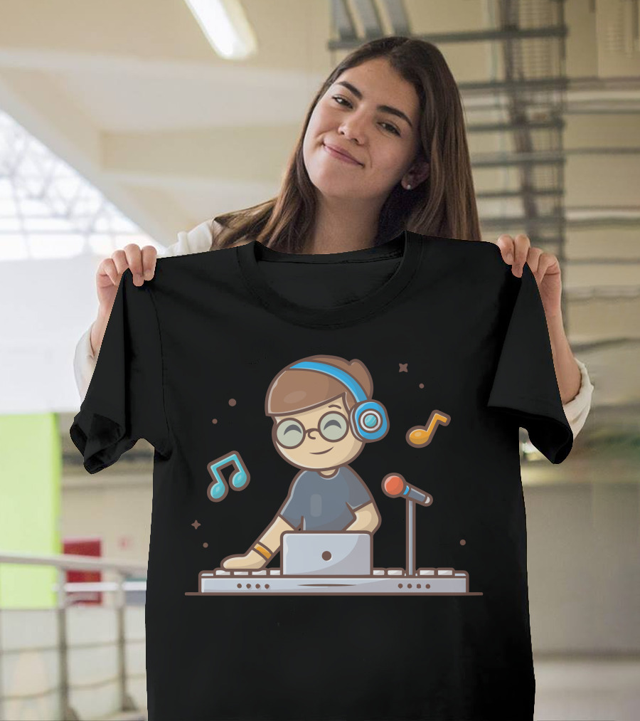 Cheerful DJ with Headphones and Musical Notes Performance T-Shirt