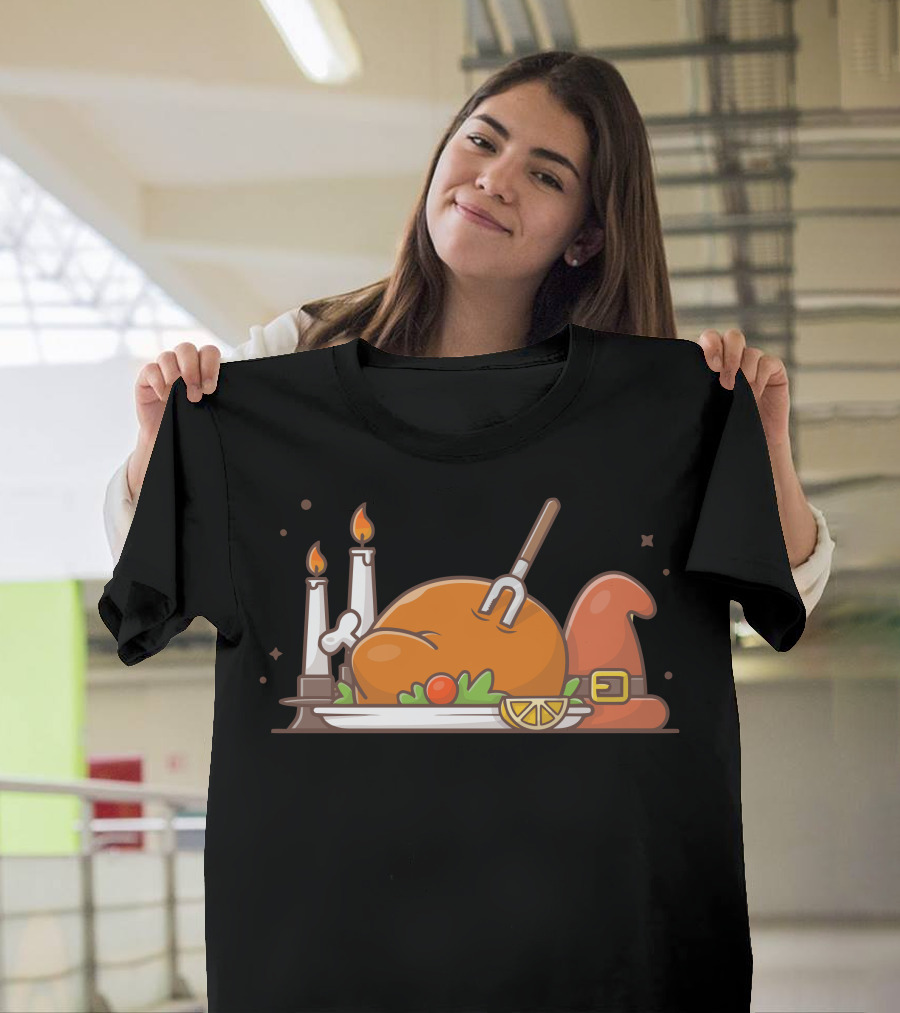 Happy Thanks Giving Day Turkey Feast with Pumpkin Candle and Witch Hat T-Shirt