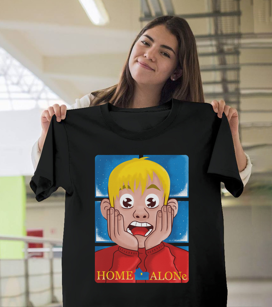 Home Alone Kid Cartoon Surprised Face Hands On Cheeks Yellow Hair Red Sweater Blue Square T-Shirt