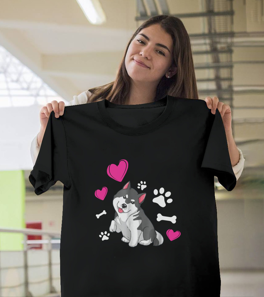 I Love Husky Cute Dog with Hearts and Paw Prints T-Shirt