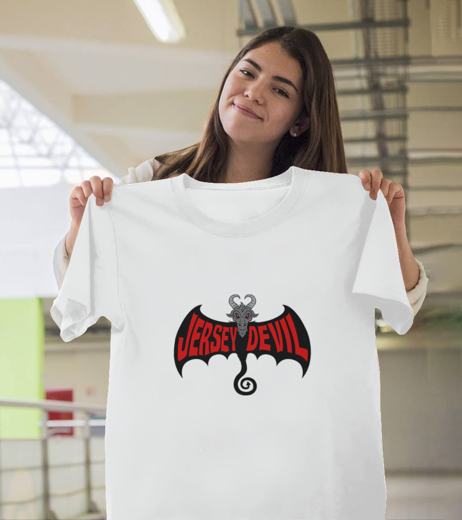 Jersey Devil Bat Wings Red Text Horned Creature T-Shirt