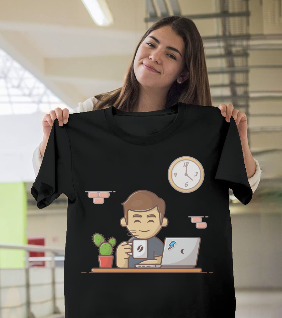 Man Drinking Coffee at Laptop with Cactus and Wall Clock T-Shirt