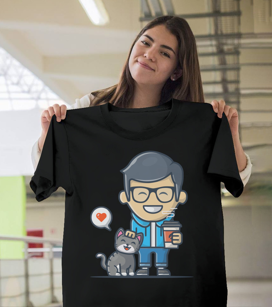 Man with Coffee and Happy Cat with Heart T-Shirt