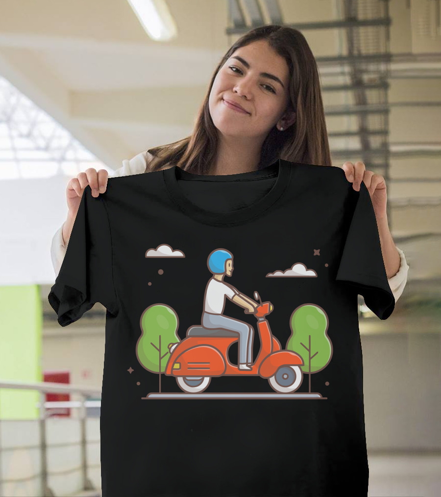 Man Riding Vespa Scooter with Blue Helmet in Scenic Setting T-Shirt