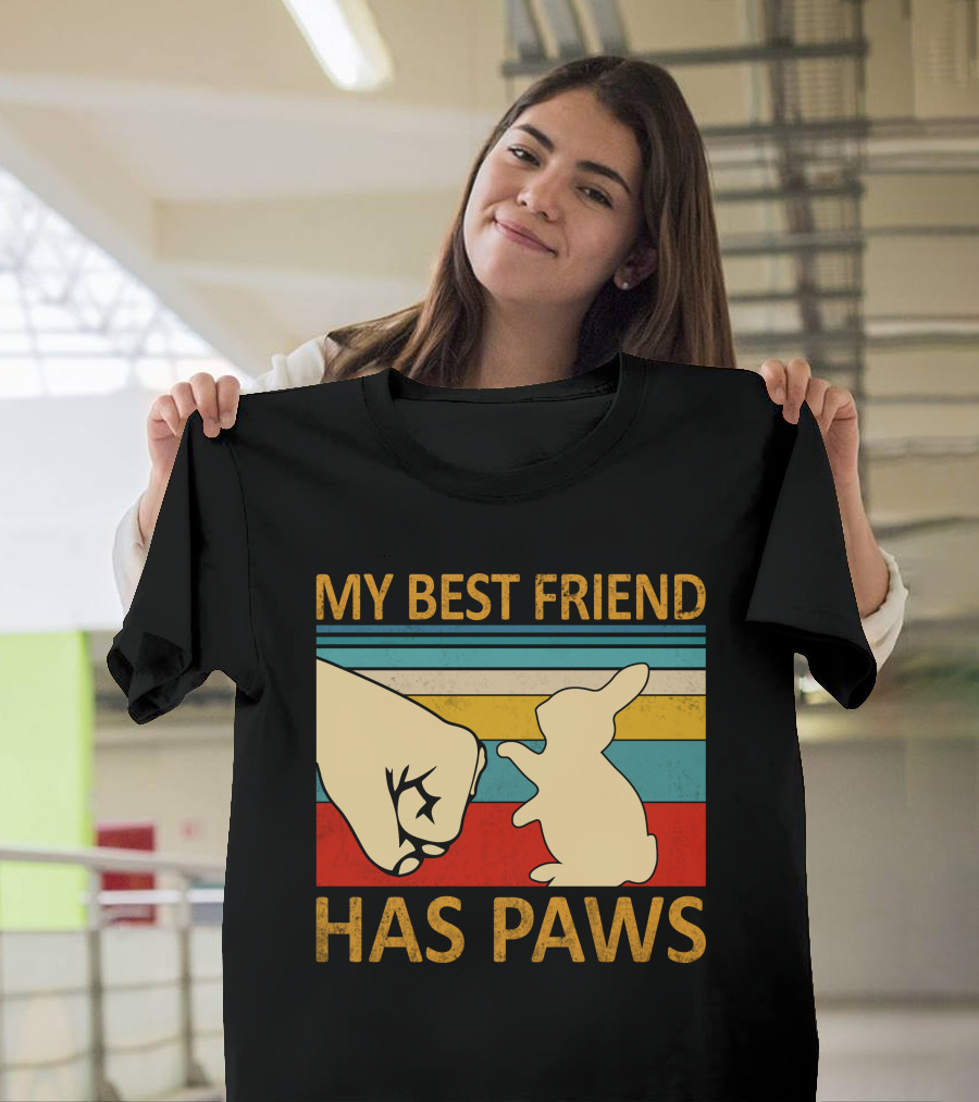 MY BEST FRIEND HAS PAWS BUNNY VINTAGE STRIPES PAW FIST BUMP T-Shirt