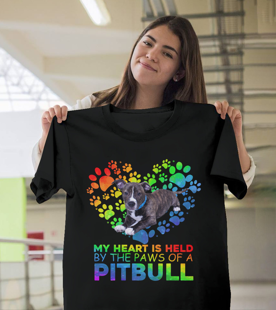 My Heart Is Held By The Paws Of A Pitbull Rainbow Paw Prints T-Shirt