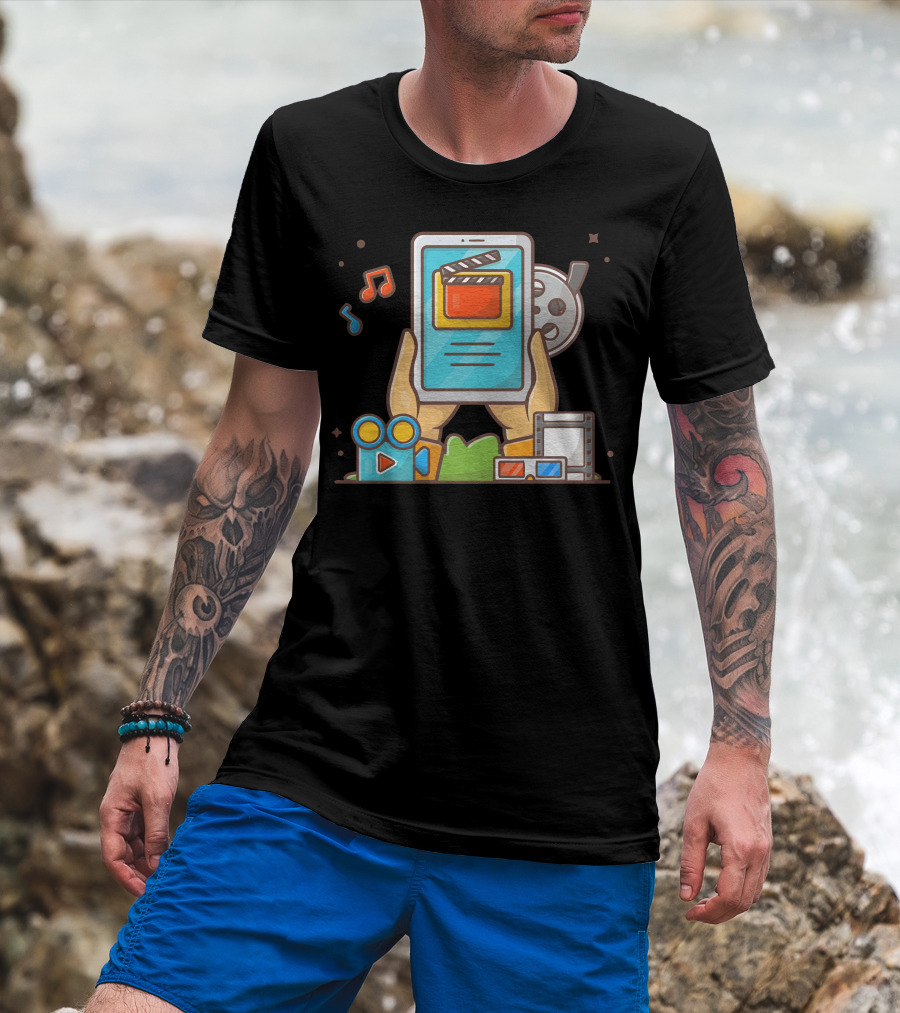 Online Movie Streaming Iconography Featuring Tablet And Film Elements T-Shirt