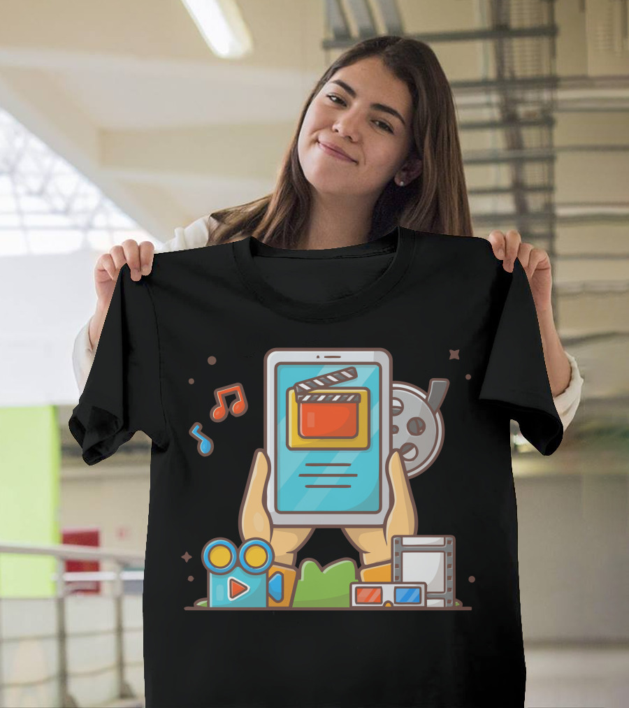 Online Movie Streaming Iconography Featuring Tablet And Film Elements T-Shirt