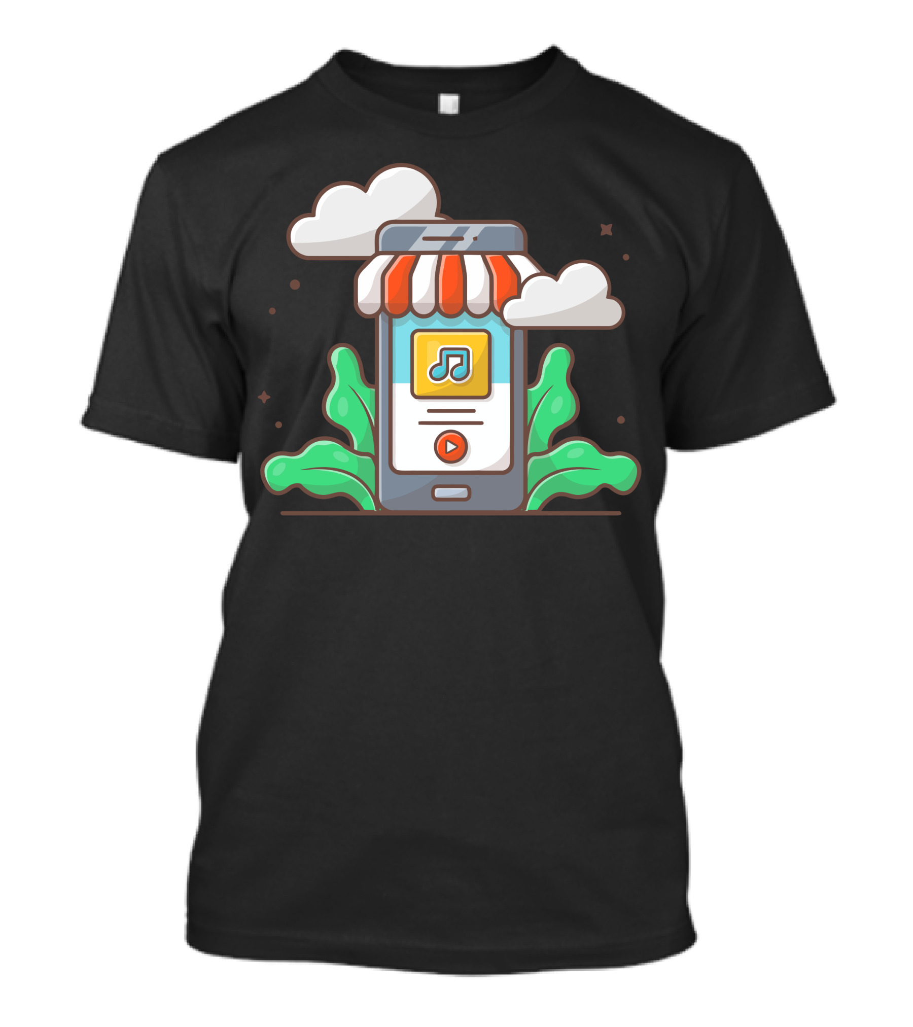 Online Music Store Mobile Music Shop With Note And Clouds T-Shirt