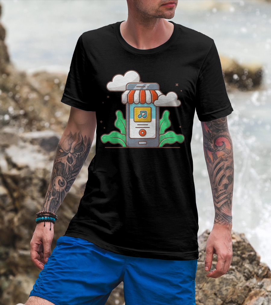 Online Music Store Mobile Music Shop With Note And Clouds T-Shirt