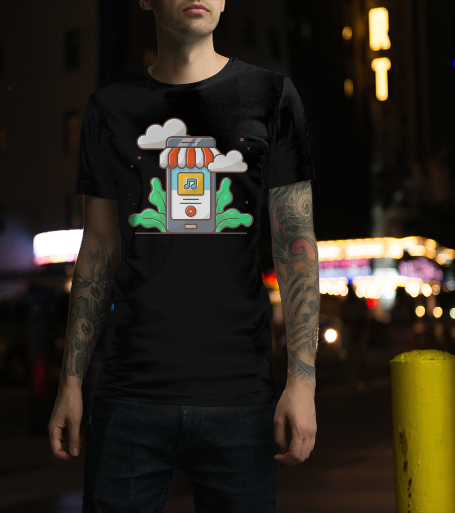 Online Music Store Mobile Music Shop With Note And Clouds T-Shirt
