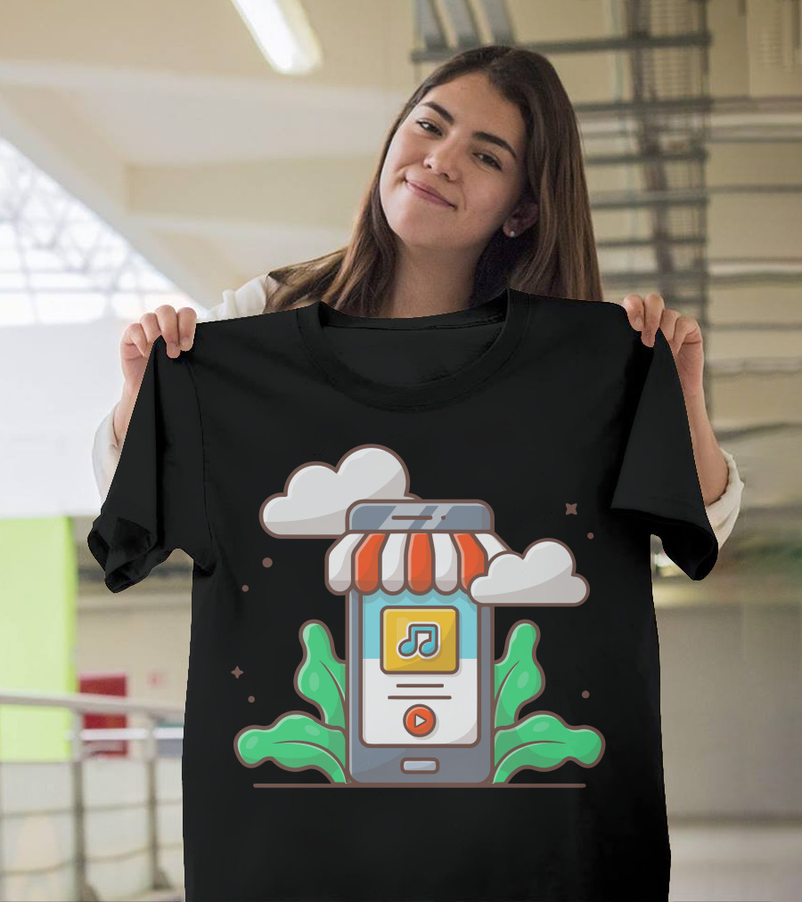 Online Music Store Mobile Music Shop With Note And Clouds T-Shirt